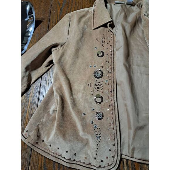 Chicos Size 1 Medium Size 8 Tan Suede Leather Open Front Jacket Blazer Embellish - Picture 6 of 8